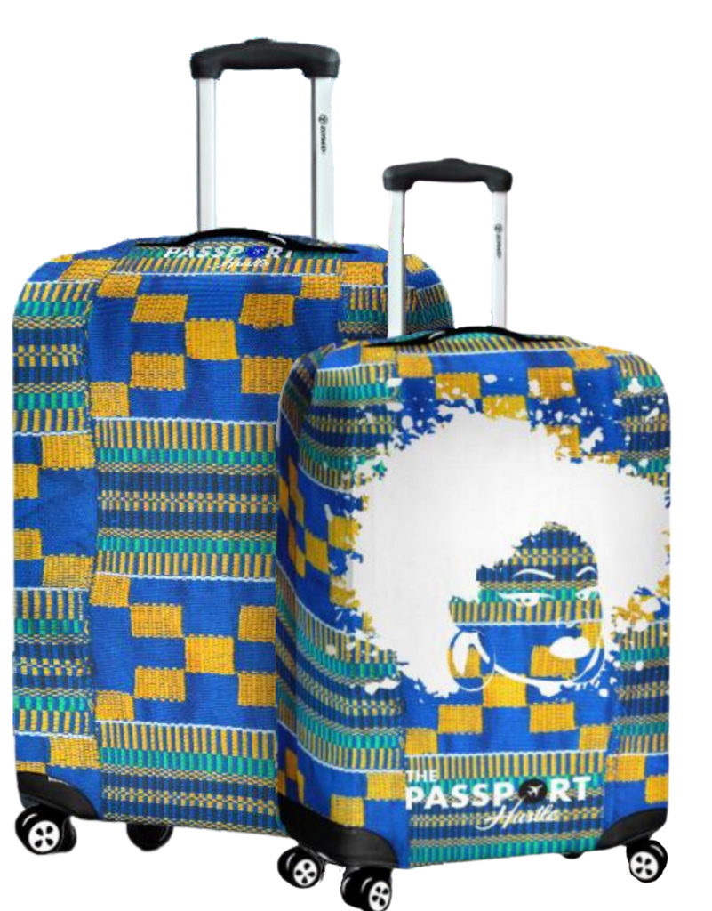 The Passport Hustle Luggage Cover Blue Kente Cloth for men and for women. Don't Touch my hair option added to the Cary on luggage cover