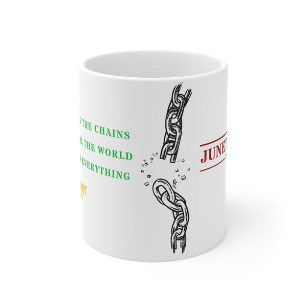 THE PASSPORT HUSTLE Juneteenth coffee mug. The ancestor's checklist: Break the chains  Travel the world  Win at Everything