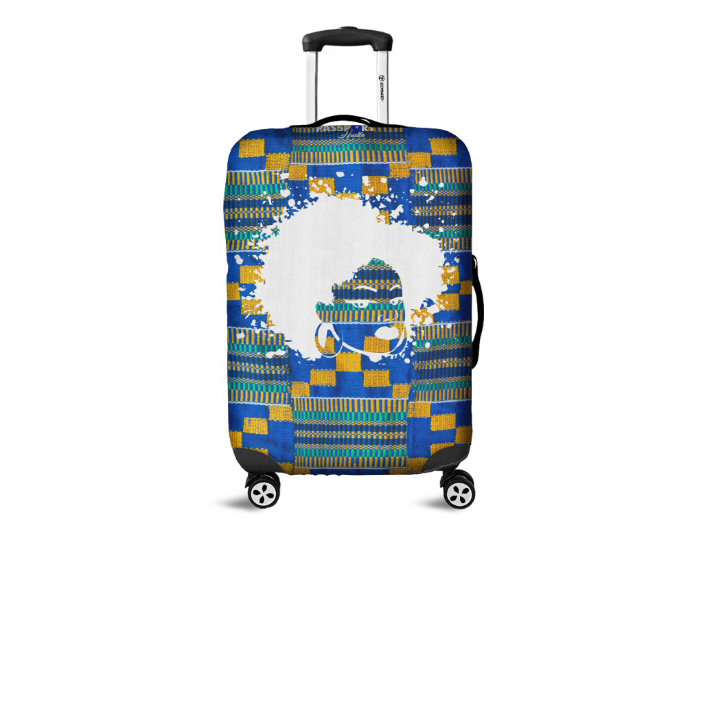 The Passport Hustle Luggage Cover Blue Kente Cloth Don't Touch My Hair Carry on Size and XL Baggage Size
